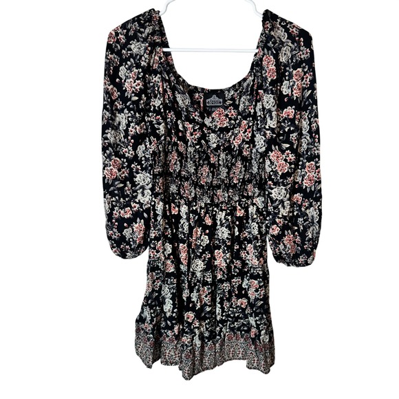 Angie Dresses & Skirts - Angie Floral Smocked Mini Dress Black Red Long Puff Sleeve Boho Women Small
